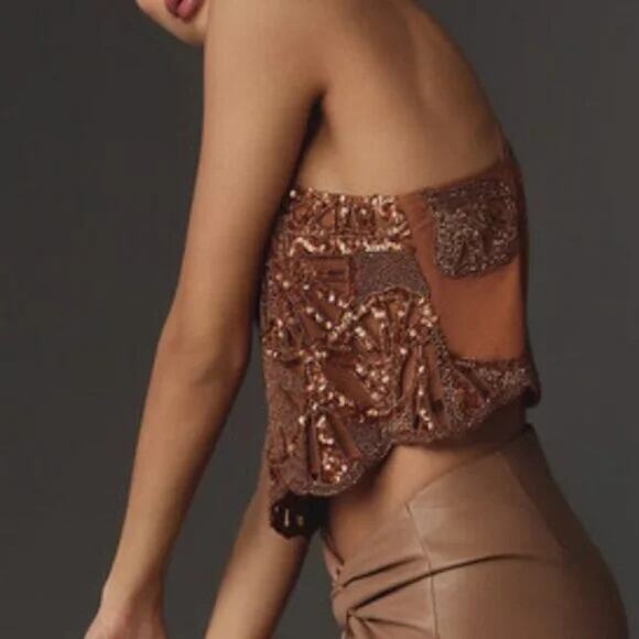 MAEVE by Anthropologie Top Size L Brown Embellished Cutwork Cross Back Tank NWT - Picture 12 of 16